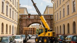 Компактный кран в узком переулке Петербурга, помогающий выбрать мини-манипулятор для дворов в 2026 году