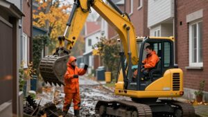 Желтый мини-манипулятор поднимает строительный мусор в узком дворе в октябре среди грязи